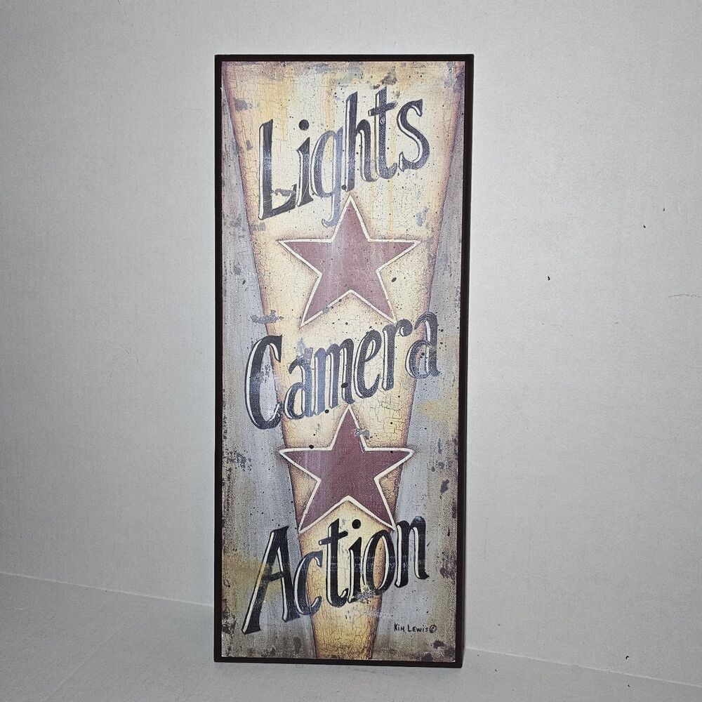 Large Wood Sign w Red Stars Lights Camera Action Wall Decor